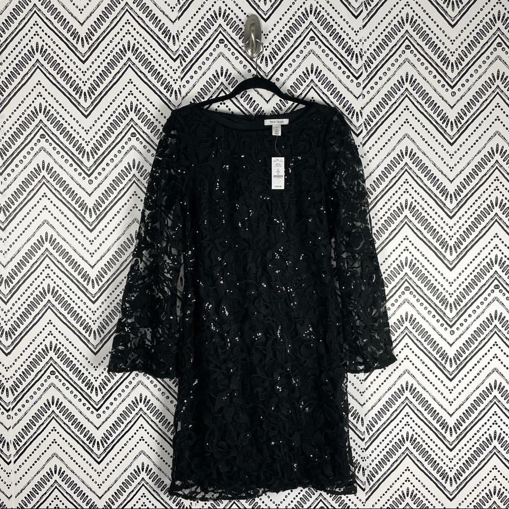 Nwt WHBM Black Lace Shimmer Bell Sleeve Dress 10